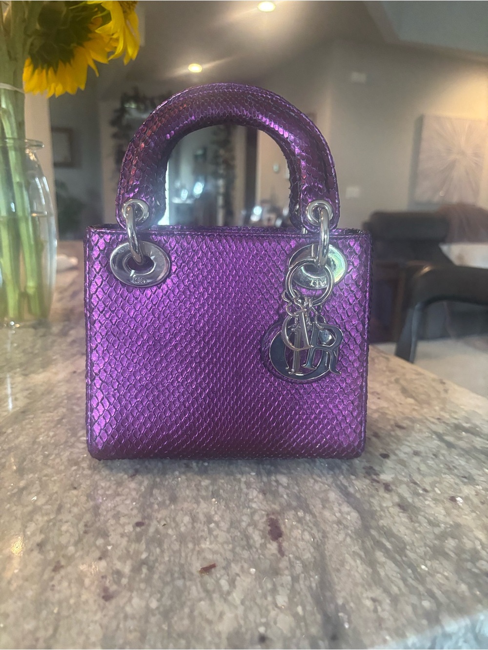 Christian Dior Mini Lady RARE Metallic Purple Python Exotic Leather Silver HW